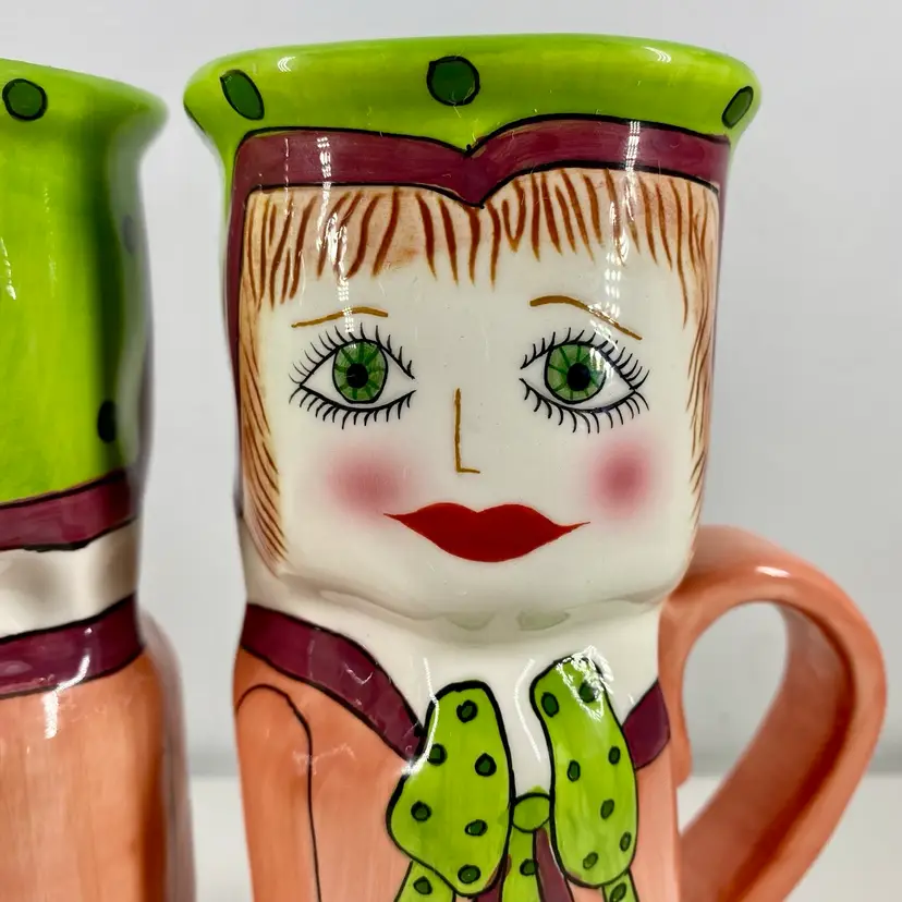 Set/2 Signed SUSAN PALEY For Ganz Collectibles MARY MOCHA Tall COFFEE MUGS Handled Vases Kitsch