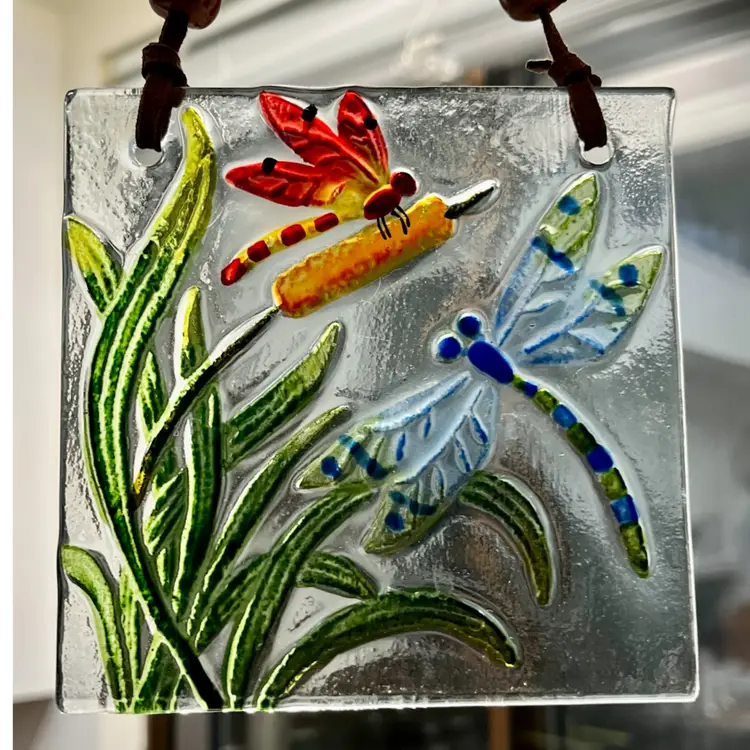 Reverse Painted Glass-  Sun Catcher- Dragonflies- Leather Cord with Wood Beads to Hang- 4.5”x4.5”