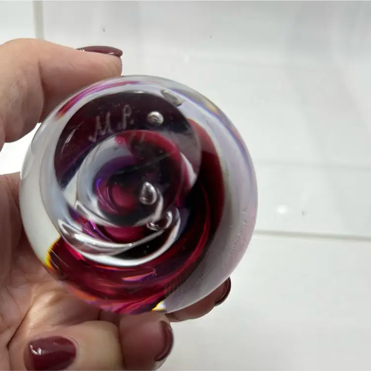Marian Pyrcak Poland Cranberry And White Teardrop Paperweight- As Is