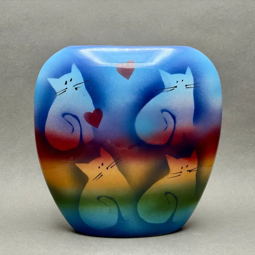 Vintage Judith Stiles Ceramic Oval Vase with Airbrushed Rainbow Cats and Hearts Design