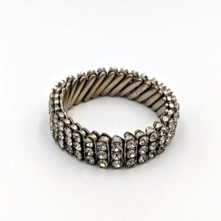 Three-Row Rhinestone Stretch Bracelet Vintage Silver Tone British Hong Kong