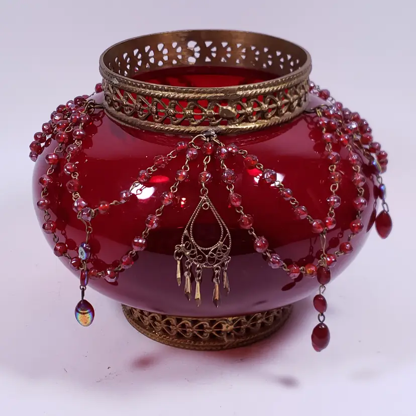 Art Nouveau RUBY RED Iridescent Beads Brass Filigree Bohemian GLASS VOTIVE