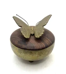 Vintage Enesco Brass and Wood Butterfly Pedestal 3 Footed Trinket , Jewelry Box