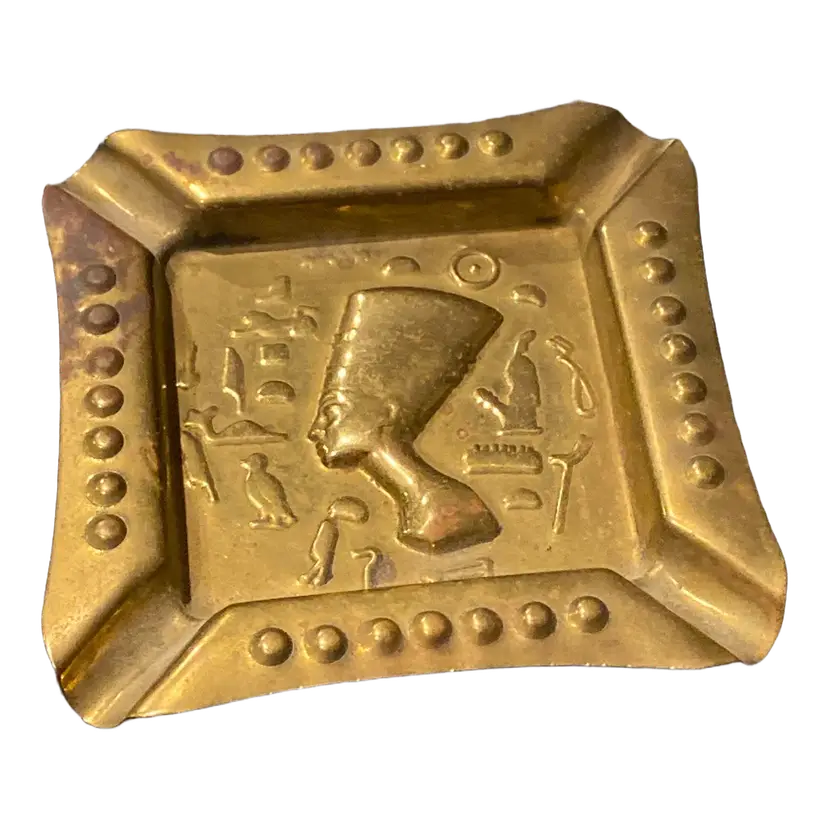 Egyptian Style Brass Ashtray w/ Queen Nerfertiti, 3.5" x 3.5"