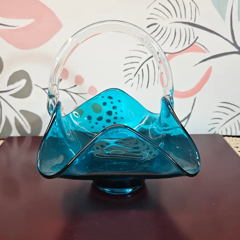Vintage Viking Glass Art Ruffled Candy Basket Applied Handle Teal Aquamarine