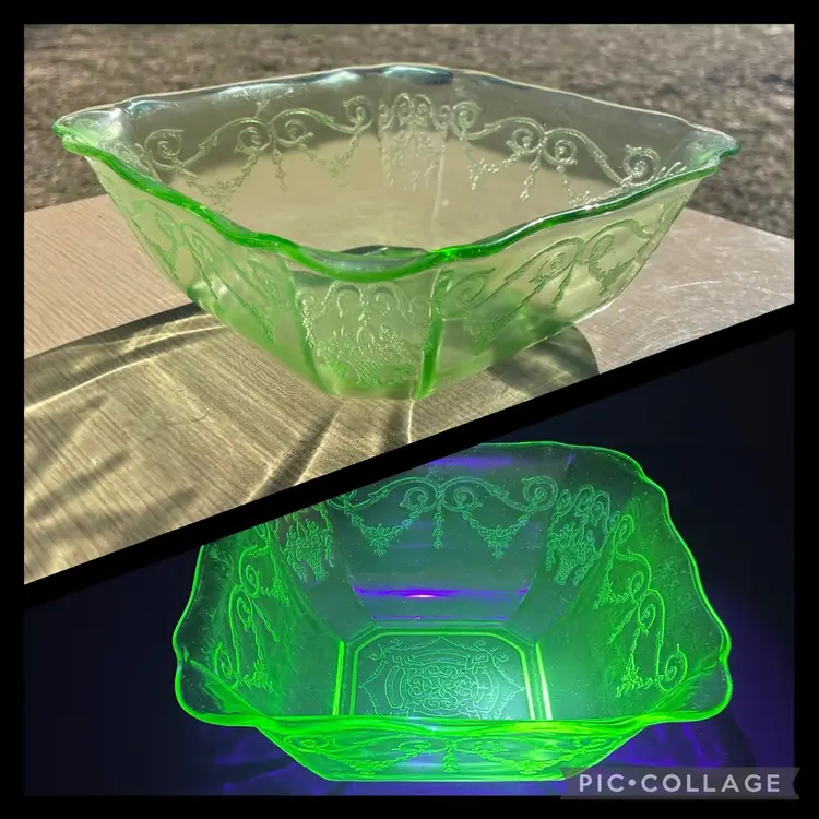 Depression Glass, Lorain "Basket", 8" Square Serving Bowl, Crystal Green