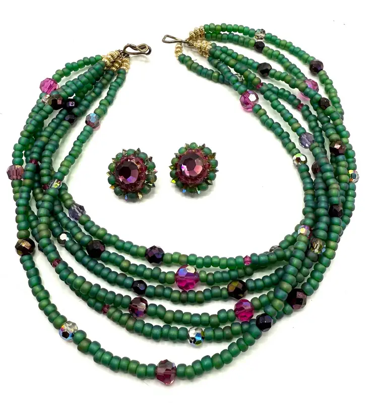 Vintage Green 6 Multistrand Necklace, Green Purple Art Glass, Matching clip On Earrings