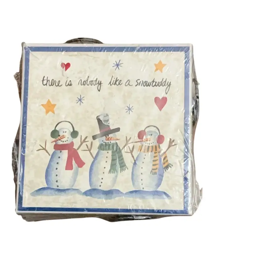 Snowman Ceramic And Cork Coaster Set With Holder