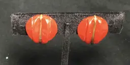 Earrings, red Bakelite & brass, MCM screw backs, 3/4 inch round