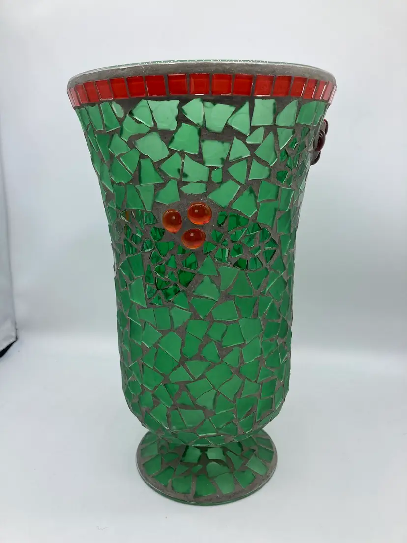 Large green broken glass applied vase, with red poinsettia