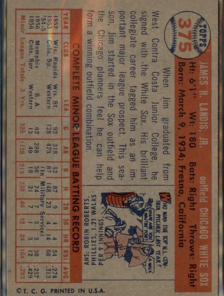 1957 Topps #375 Jim Landis - (pk1) - Chicago White Sox