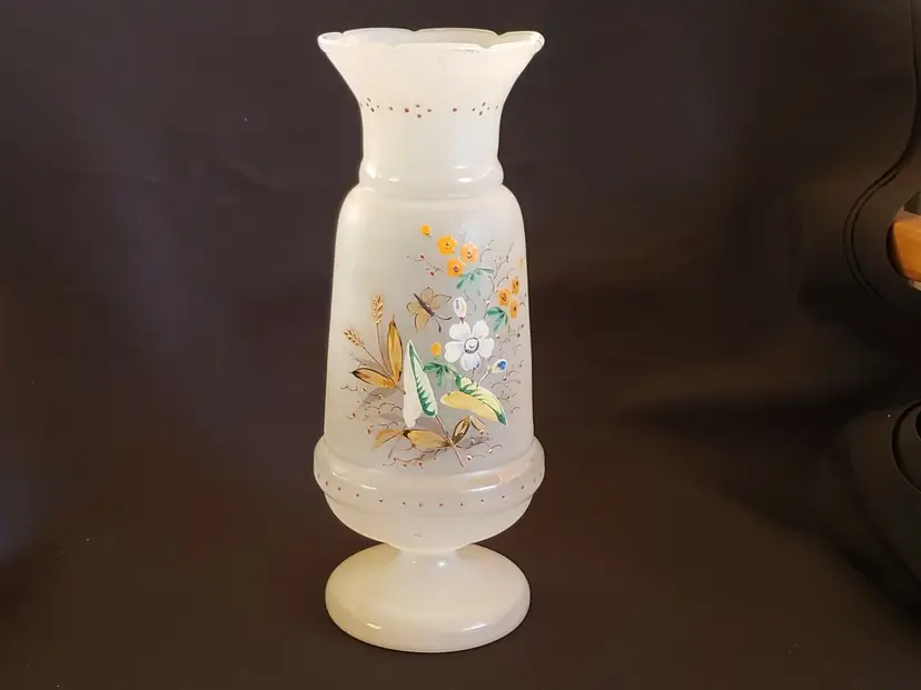 Frosted Blown Glass Vase Hand Painted Flowers & Butterfly w/ pontil 10.75" Tall 