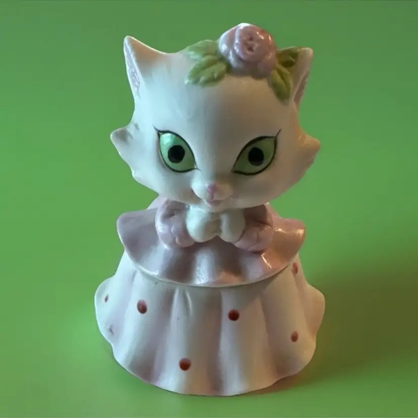 Vtg Lefton Anthropomorphic Cat Kitten Kitty Pink Trinket Ring Box 2320 Figure