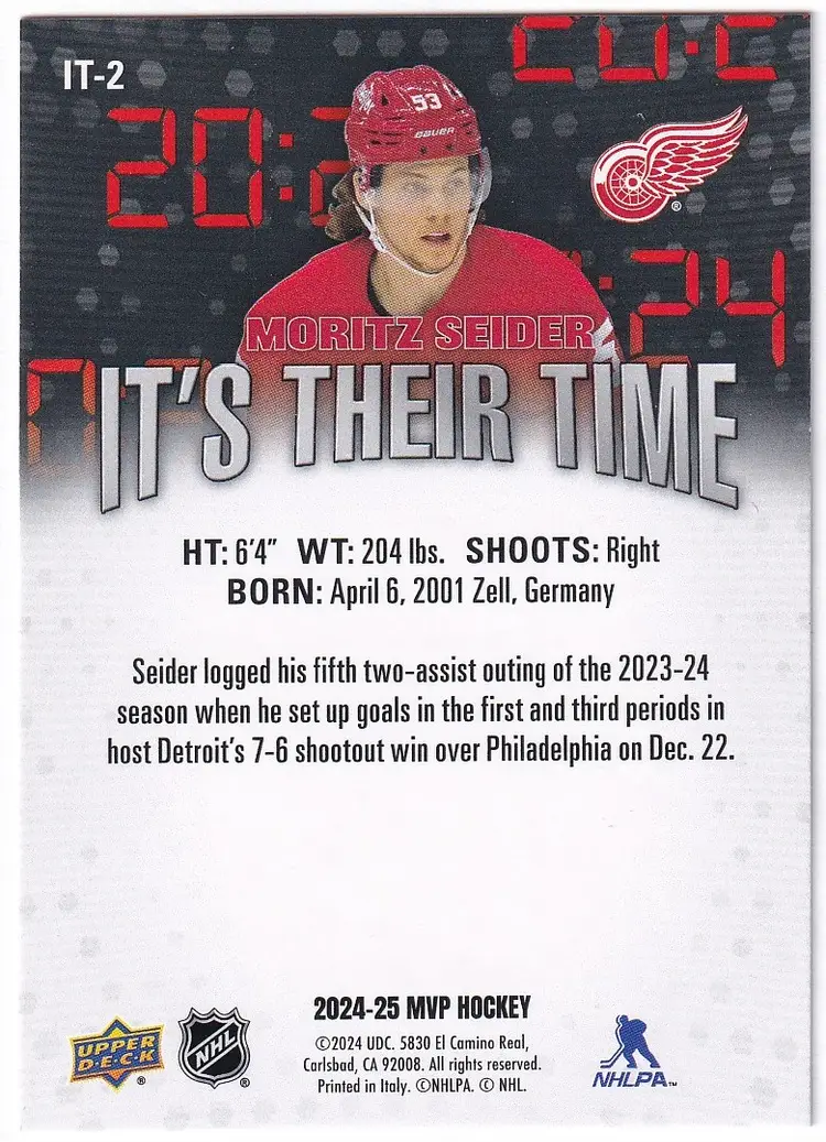 2024-25 Upper Deck MVP It's Their Time #IT2 Moritz Seider Detroit Red Wings Hockey Card