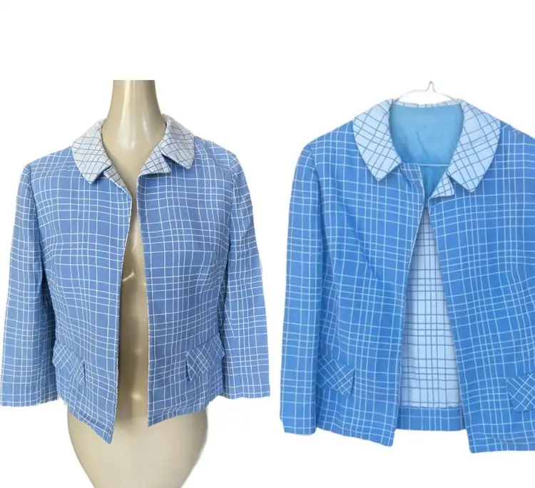Vintage 60’s Lightweight Blue White Plaid Coat Jacket Women’s Medium Small