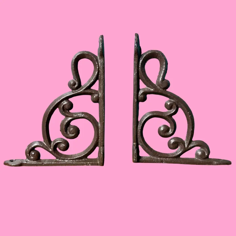 Pair of Ornate Scroll Cast Iron Metal Shelf Brackets, 5.25”x6.75”, BROWN, 2 pc