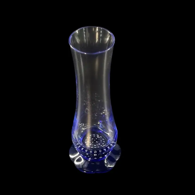 #003- Vintage Bormioli Rocco Bud Vase Turandot Pattern Clear Blown Glass W/ Cobalt Blue Controlled Bubble Footed Base
