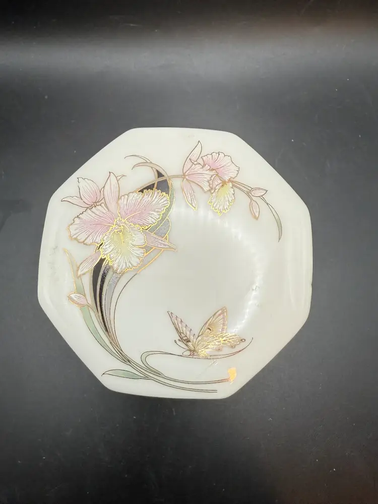 Vintage Japanese Hexagonal Bone China Orchid And Butterfly Trinket Box