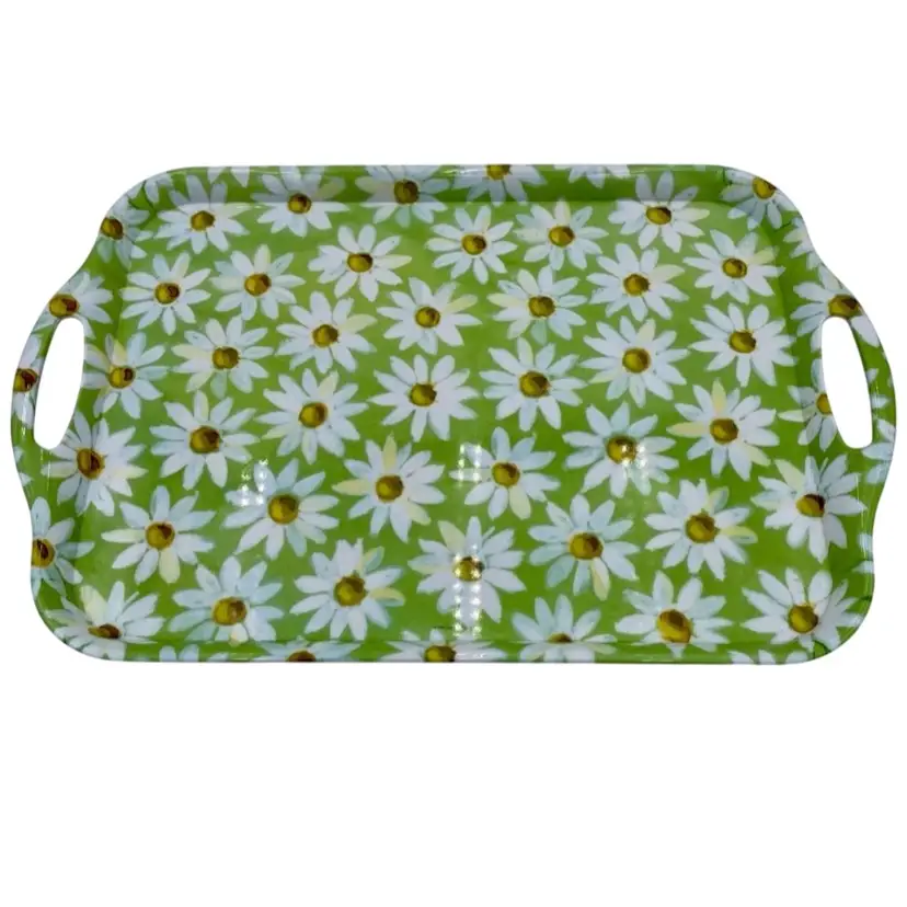 Vintage Yellow and White Daisies on Green Serving Tray with Handles, Zak Designs