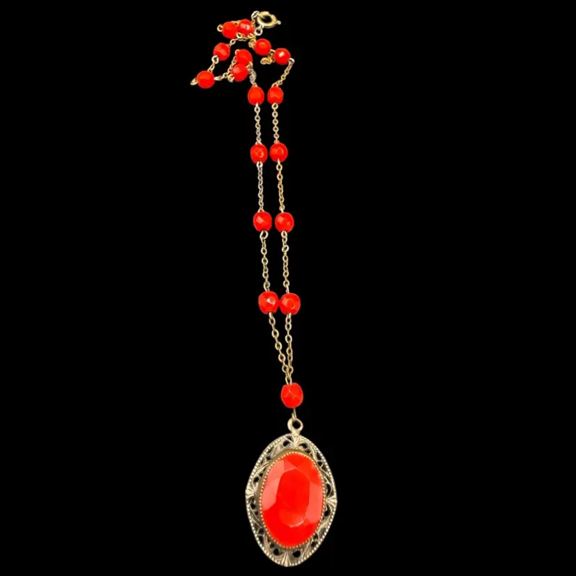 Art Deco Red Glass Bead Necklace Filigree Pendant- 18 Inches