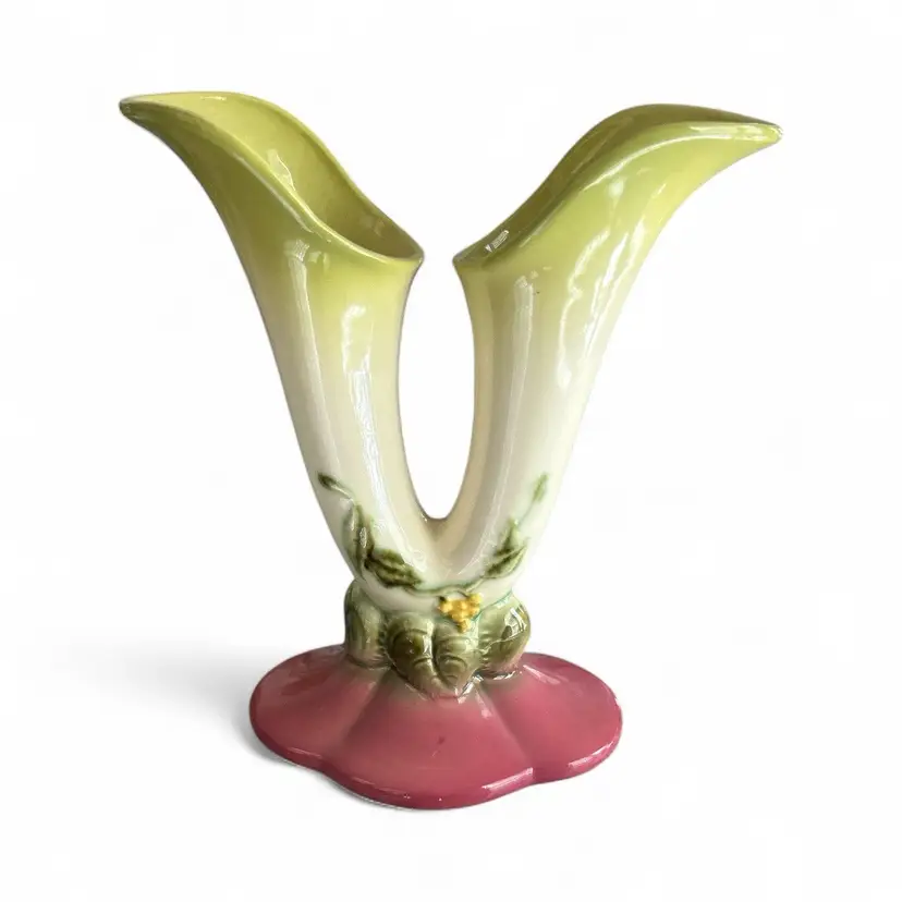 Vintage Hull Pottery Woodland Yellow Green And Pink Double Bud Vase
