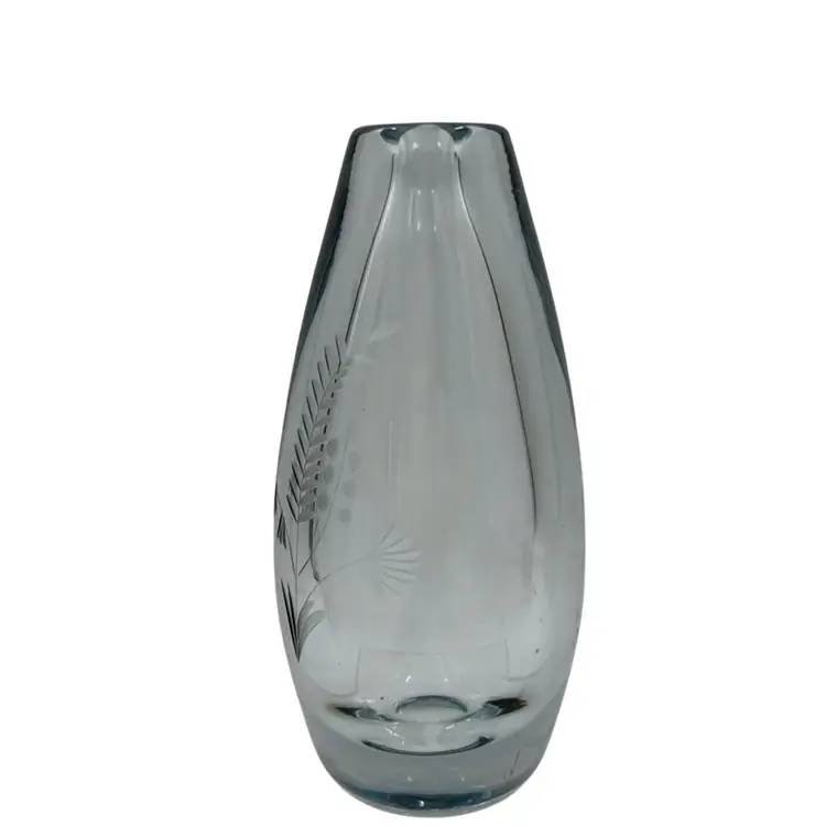 Vintage Light Blue Glass Bud Vase With With Floral Engraved Very Adorable Has Some Glow