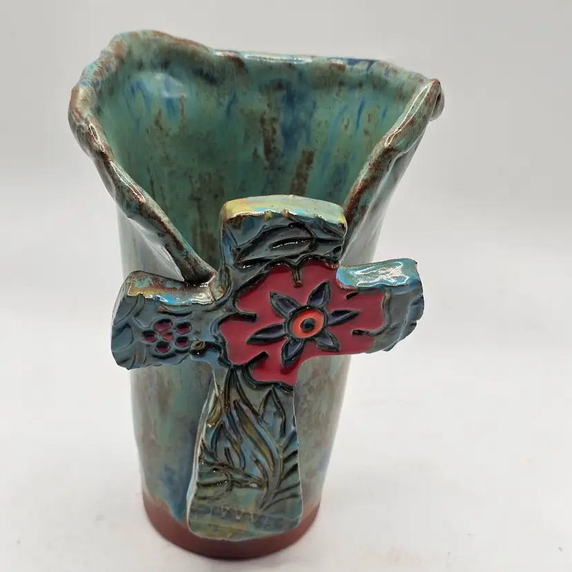 Studio Art Pottery Vase cross design Signed