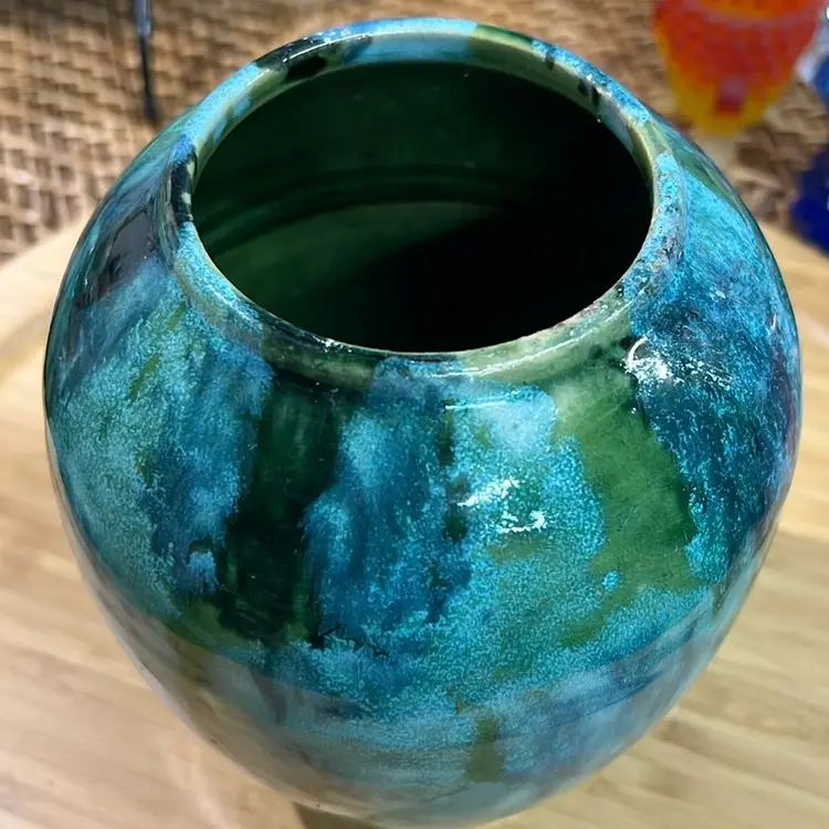 Antique Brush McCoy Green,blue Drip Glaze, Excellent Condition! No Makers Mark. Yellow-ware. Cottage Core , Farmhouse Decor