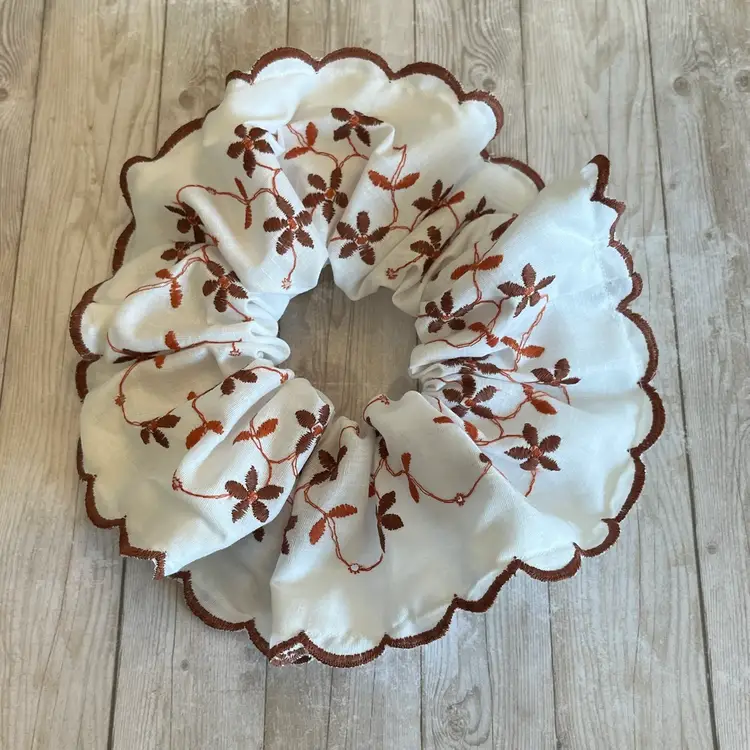 6 Piece Wholesale Lot Brown Vintage Floral Embroidered XL Scrunchie