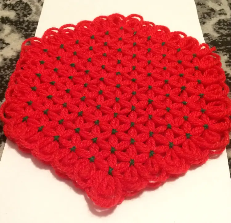 Handmade Doily! Red Flowers with Green Centers. 10" x 11"