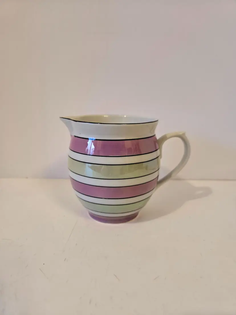 #01 - Purple & Green Striped Lusterware Creamer Czechoslovakia