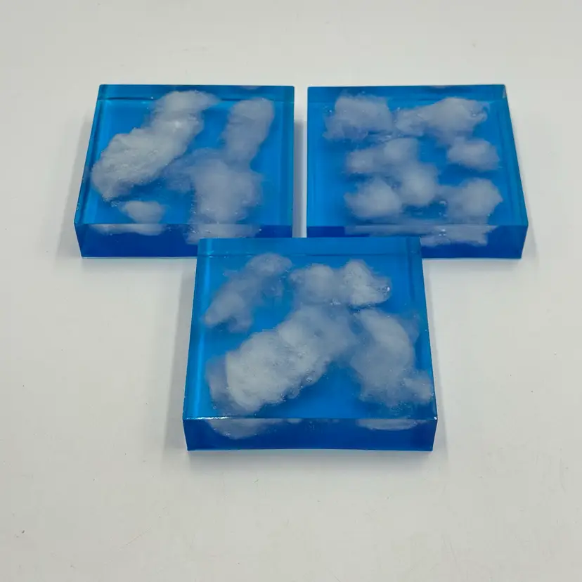 Handmade Resin Fluffy Cloud Square Coasters Blue Sky Bar Accessory Set Of Three