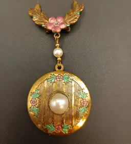 Vintage Brass Pink and Green Enamel Faux Pearl Double Locket Brooch.