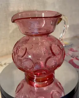 #05 ~ 4.5” Glows! Cranberry Amethyst-y Extremely Old Coin Dot Thumb Print Art Glass Pitcher ~ No Damage