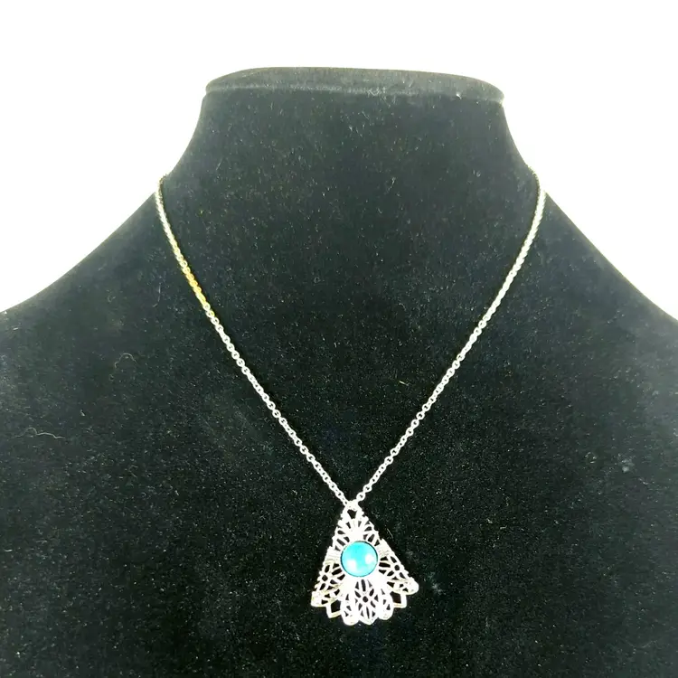 Vintage Style Silver-Tone Filigree Pendant Necklace With Turquoise Accent