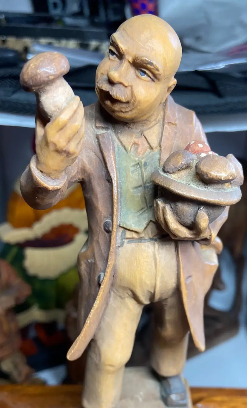 1950-1960's Kuno Bierling Woodcarving of Man Holding & Inspecting Mushrooms