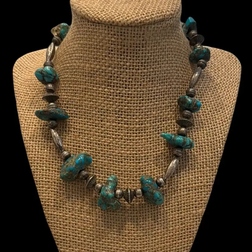 Vintage Native American Sterling Silver Beaded Natural Turquoise Nugget Necklace 16.5”, 59.8 Grams