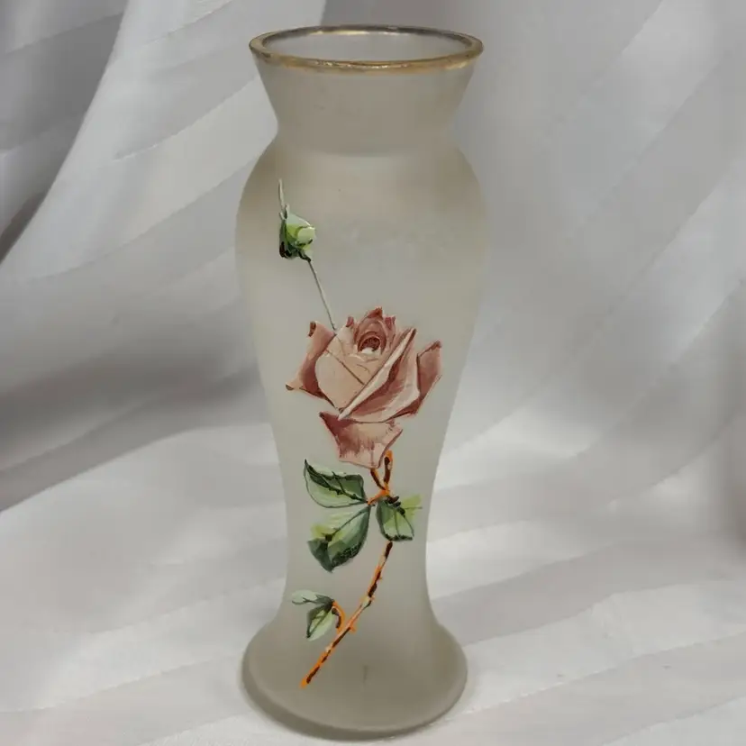 Lovely Vintage Frosted Enamel Hand Painted Bud Vase With A Rose