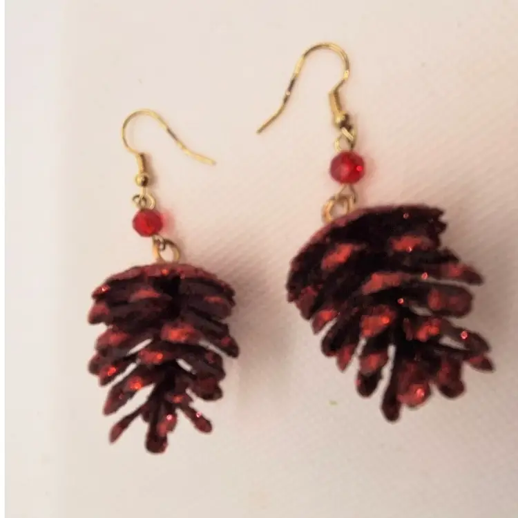 Christmas Earrings Red Sparkle Pinecones Red Bead
