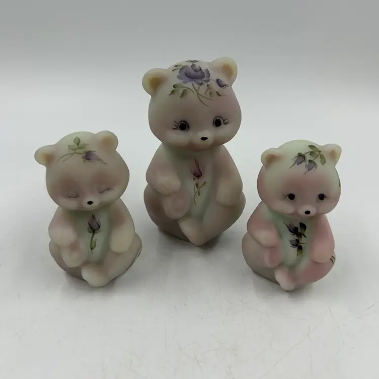 Vintage Satin Green Burmese Fenton Bear Family With Handpainted Purple Roses. All 3 Are Signed By The Artist. Babies Are 2.5”T Momma Bear Is 3.5” T