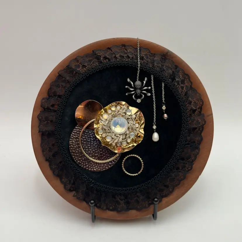“Itsy Bitsy Spider” Moody Gothic Vintage Costume Jewelry Assemblage Wall Art (Made By Me!) Wood Base