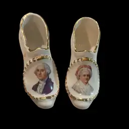 Vintage Collectible Bone China George & Martha Washington Portrait Miniature Shoes. Colonial Off White & Gold Accents Design. Great For Presidential Memorabilia Collectors .