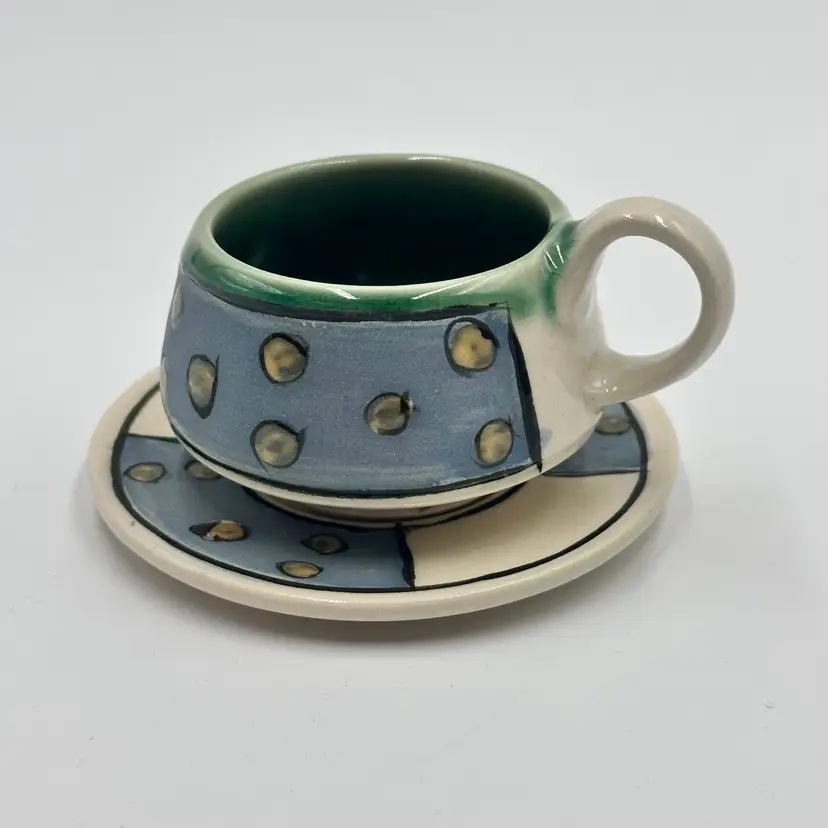 Handcrafted Unique Ceramic Small Demitasse Teacup And Saucer Yellow Polka Dot