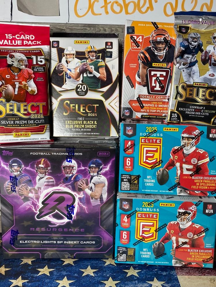 🏈 Football Box Break 🏈 (2) Elite Blasters 2025, (1) Resurgence Mega - 2024, (1) Totally Certified - 2024, (1) Select Hanger - 2024, (1) Select Fat Pack - 2023, (1) Select Fat Pack - 2021  