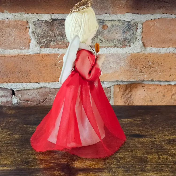 Vintage Angel Tree Topper Doll Mid Century Japan Christmas Angel Red Tulle Dress, Pipe Cleaner Candle Praying Angel MCM Holiday Decor