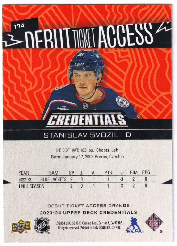 2023-24 Upper Deck Credentials Orange #174 Stanislav Svozil Columbus Blue Jackets Hockey Card