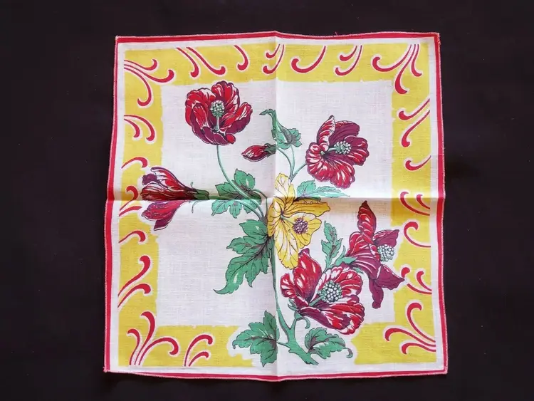 Floral Handkerchief folded With Creases Square red edge