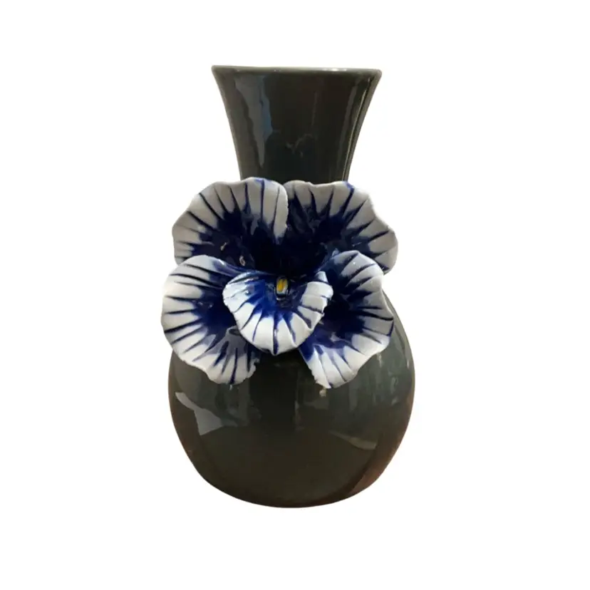 Anthropologie Gray Ceramic Vase w/3-D Blue And White Pansy Flower 8” X 5”