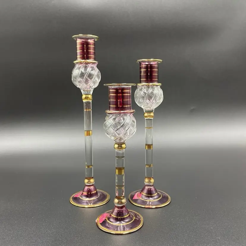 Set of 3 Handblown 22K Painted Egyptian Glass Staggered Candle Holders