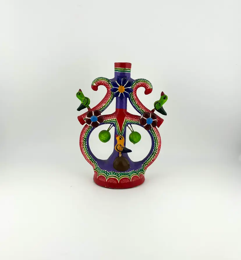 Mexican Folk Art Pottery Tree of Life Candle Stick Holder 4.25”x 6”